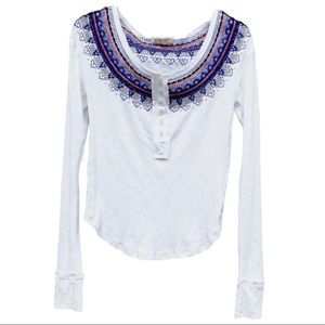 Free People White Long Sleeve Top with Blue and Red Accents